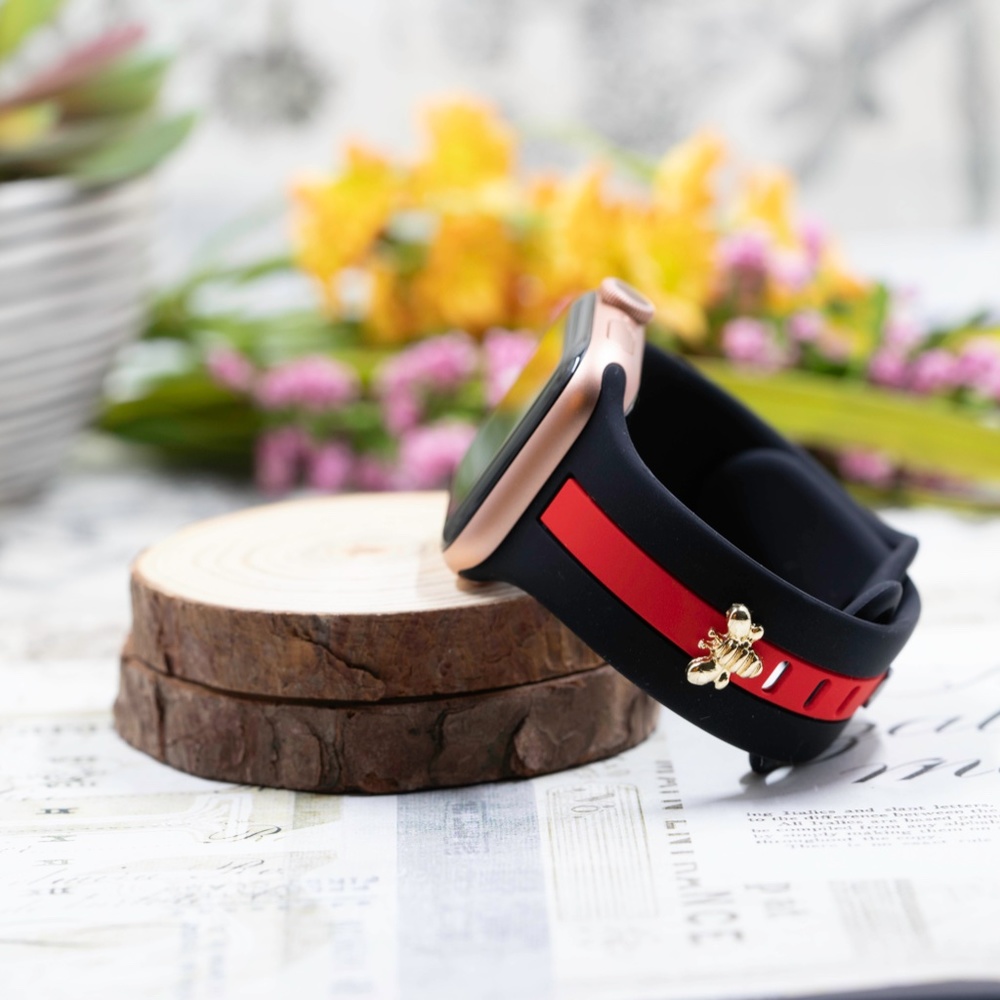 Apple Watch Band, Black and Red Stripes Silicone Strap w/ Bee Stud - Picture 2 of 5